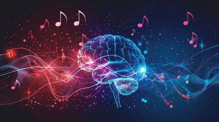 An abstract representation of a human brain, highlighted with musical notes and sound waves, illustrating the mental health benefits of sound therapy
