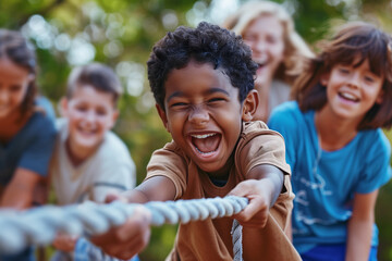 A diverse group of children playing tug-of-war outdoors. The foreground focuses on a laughing child pulling the rope with enthusiasm, at a summer camp in nature.