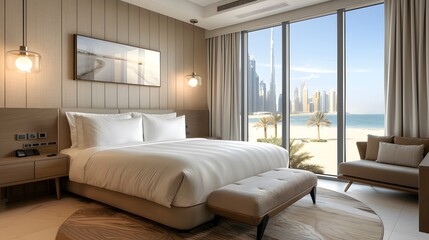 A luxurious hotel room with an ocean view, featuring a king bed and plush seating area. A beige carpet adds warmth to the space, while pendant lights cast soft light on white walls.