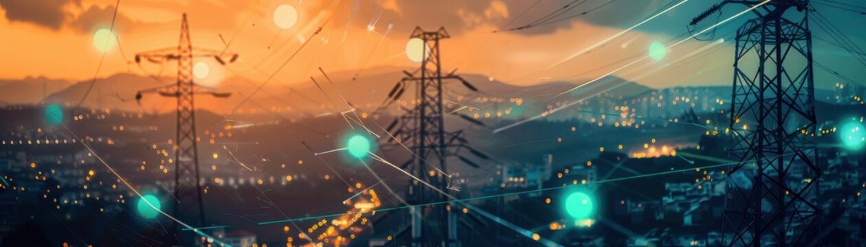 A vibrant cityscape with interconnected power lines and digital networks under a colorful sunset, symbolizing technology and energy industry.