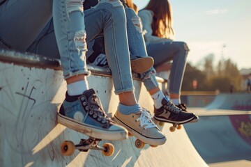 A group of smiling teenagers on skateboards hanging out outside during summer holidays.