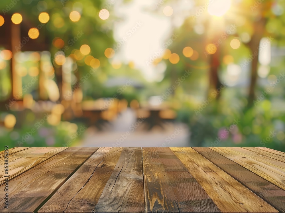 Aufkleber the scene is based on a wooden board with an empty table in front of a blurred background. it can be
