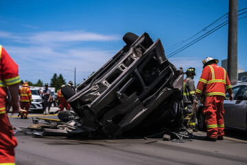 Fototapeta premium Car flipped upside down after a rollover accident, with emergency personnel working to extract. Generative AI