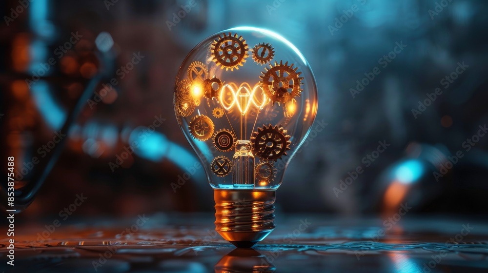 Wall mural creativity and design: a 3d vector illustration of a lightbulb with gears and cogs inside