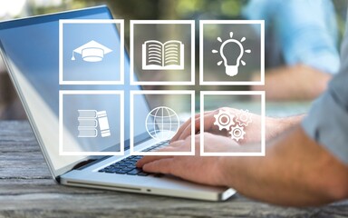 Internet learning education concept, hand with infographic