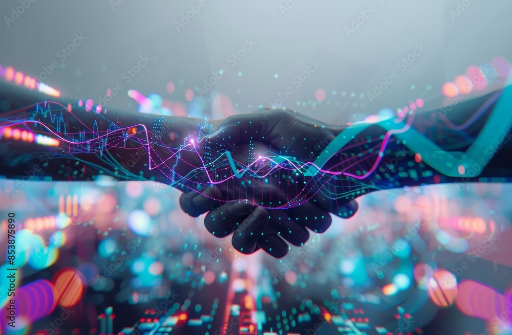 Poster graph chart of stock market graphic diagram with business man shaking hands and effect global networ