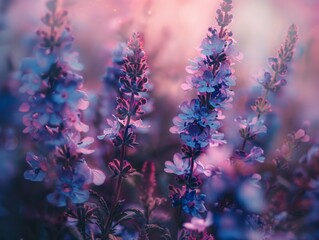 Fototapeta premium In Interstellar Bloom, midrange, spatial and natural elements intertwine, blooming with purple and blue flowers, aesthetic, fairyland, depth of field 