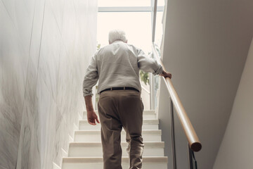 An old man or elderly man was walking up the stairs with difficulty and caution.