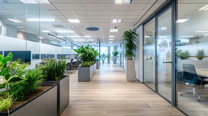 A modern office space with glass walls, white and blue accents, wooden flooring, green plants in planters on the wall, creating an atmosphere of bright light and professional ambiance.