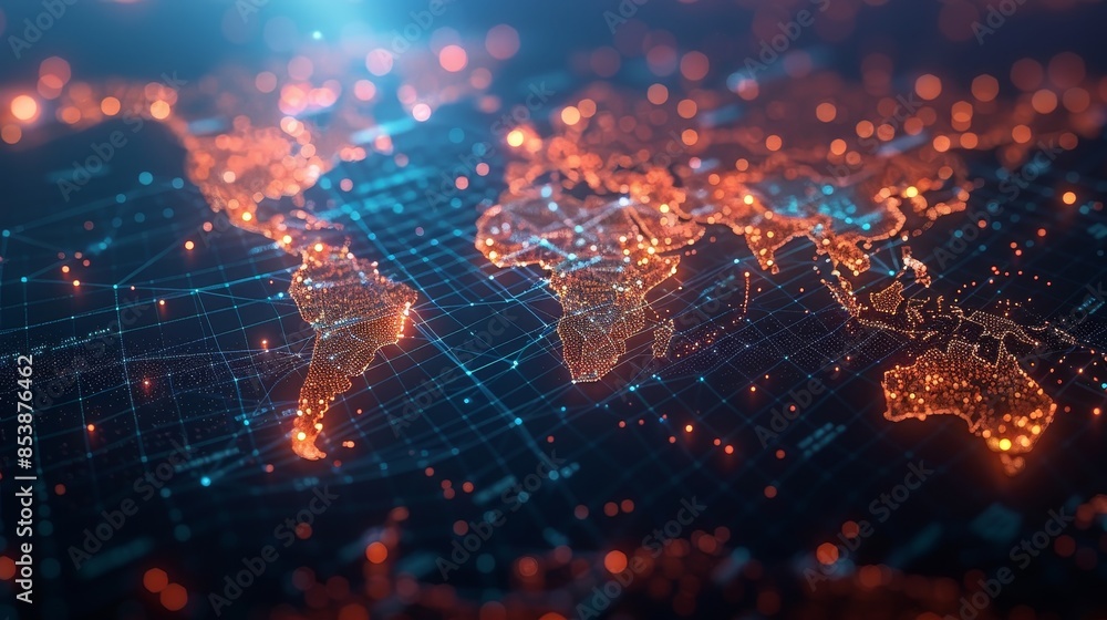 Poster digital world map: a 3d vector illustration of a digital world map with glowing dots representing ma