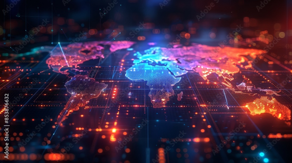 Poster digital world map: a 3d vector illustration of a world map on a digital screen