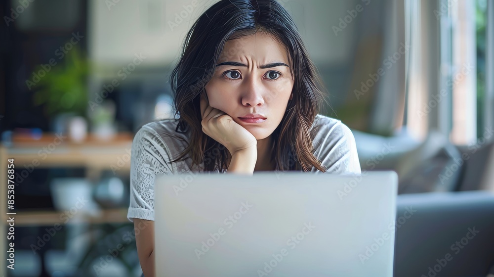 Poster reading email from client while sitting in front of open portable laptop computer, young businesswom
