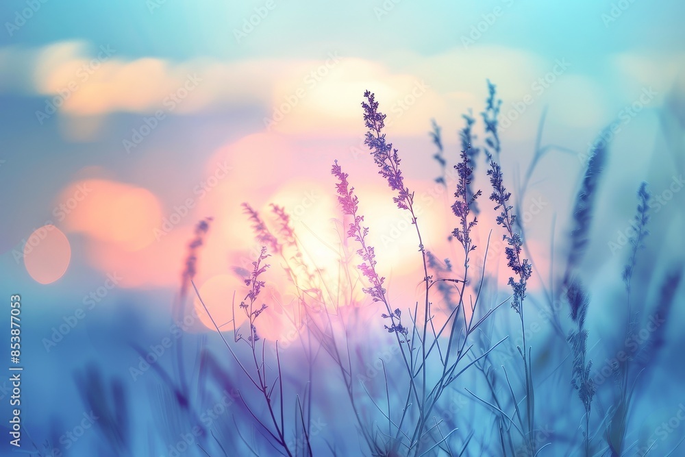 Poster a macro image of wild grass in the forest at sunset with a shallow depth of field. background of abs
