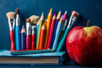 Red apple, book, pencils, pencil holder