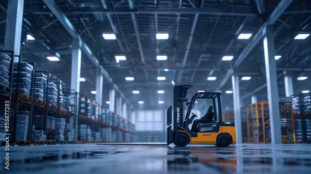 Wall mural photo of forklift lifting goods in a logistics warehouse - Wall murals