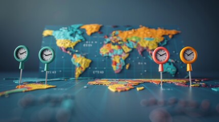 Education and Learning: A 3D vector illustration of a map with pins indicating different time zones