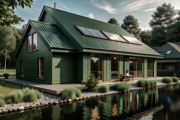 Obraz premium A modern eco-friendly house featuring solar panels on the roof and a natural pool in the foreground. Perfect for real estate promotions, eco-friendly living articles, and architectural designs.