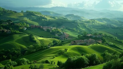 Obraz premium many green hills, small towns on the hills and also in the valleys, oscar winner film 