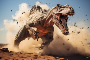 Epic dinosaur attacking in a desert landscape. Generative AI