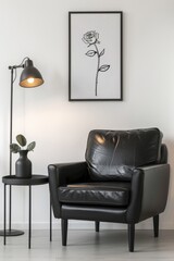 The living room has a picture frame with line art above the reading coffee table