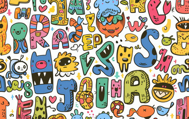 Fototapeta premium A colorful drawing of monsters and letters with the letter R in the middle