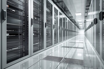Numerous server racks in spacious facility