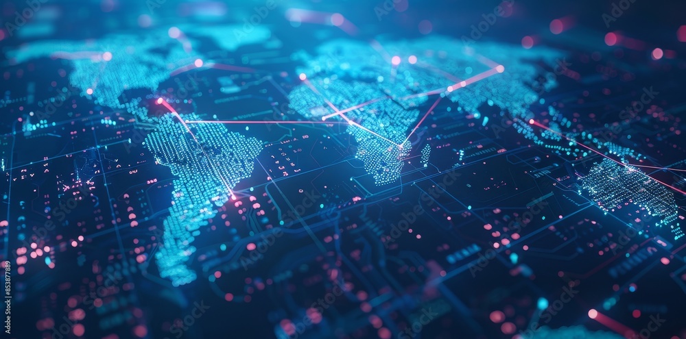 Poster innovative technology. world map with largest agglomerations. hud element. 3d illustration with shal