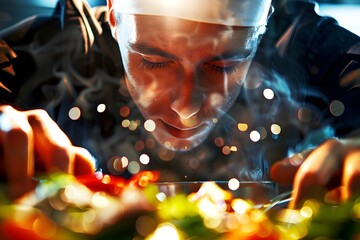 Captivating Portrait of a Skilled Chef Showcasing Culinary Passion and Expertise Amidst Vibrant Kitchen Surroundings