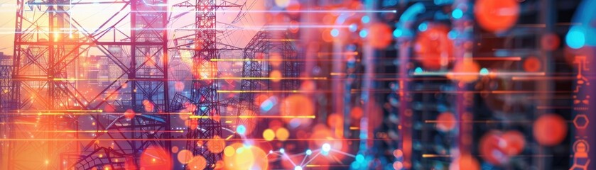 Fototapeta premium Abstract technology background with overlapping network structures and vibrant bokeh lights, representing data and communication