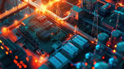 Obraz premium Aerial view of a futuristic industrial facility with glowing neon lights, highlighting interconnected structures and advanced technology.