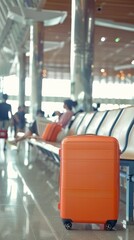 An orange suitcase next to an airport terminal seat