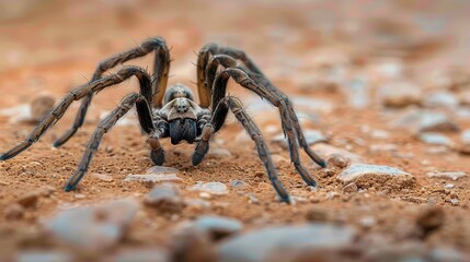 Detailed macro shot of a wolf spider on a desert background, showcasing intricate textures
