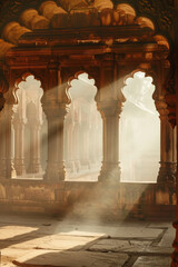 Naklejka premium morning sunlight passing through long windows inside an Indian temple chamber, foggy, mural design.generative ai
