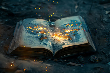 The light from inside the book illuminates the ground above it, symbolizing knowledge enlightening the world.