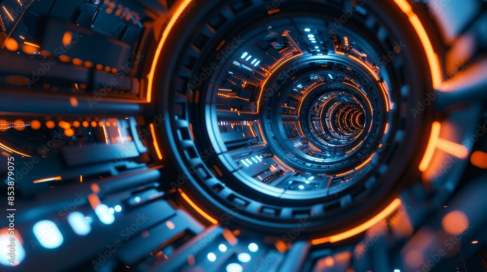 Poster with an abstract technology background in neon tech light and hud-styled round interface elements.