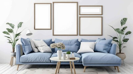 Mockup frames of various sizes on the wall of living room with blue sky sofa