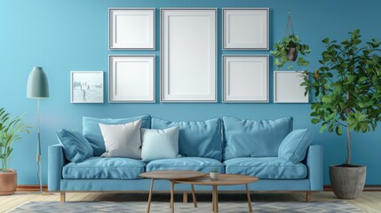 Fototapeta premium Mockup frames of various sizes on the wall of living room with blue sky sofa