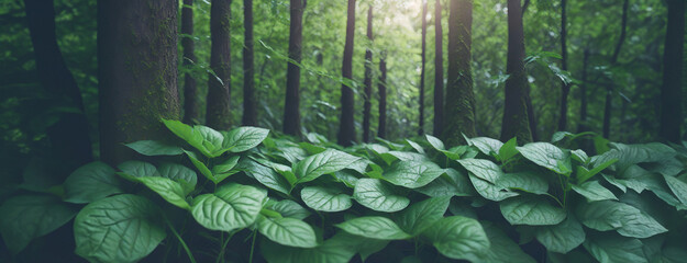 Tranquil forest with sunlight filtering through dense foliage, highlighting the vibrant green leaves of plants growing at the base of tall, moss-covered trees.