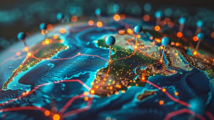 Geographic Information System (GIS): A 3D vector illustration of a digital globe with pins marking locations