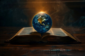The light from inside the book illuminates the planet Earth, symbolizing knowledge enlightening the world.