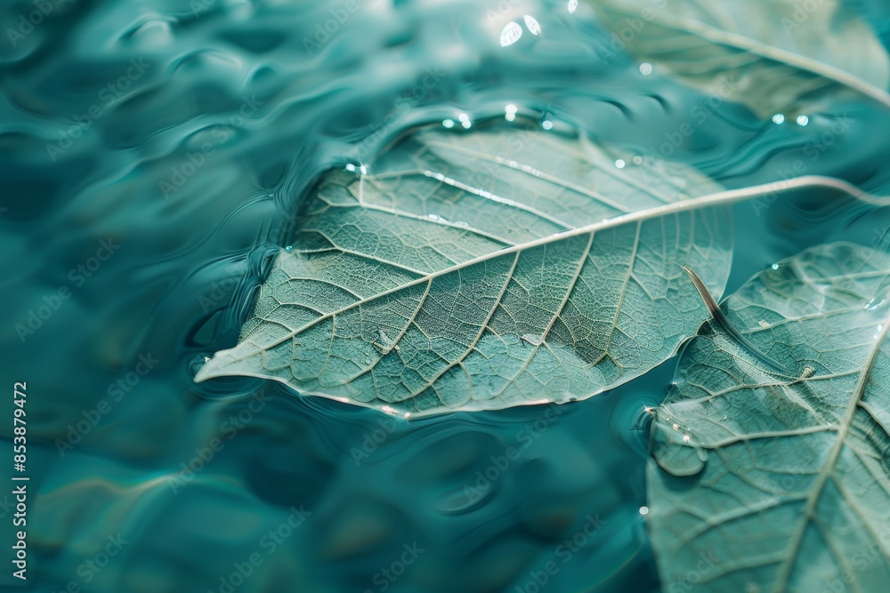Poster transparent white skeleton leaf with beautiful texture on a turquoise abstract background on glass. 