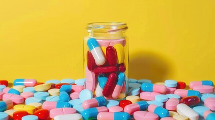 A glass jar filled with multi-colored capsules spills onto a yellow surface, illustrating healthcare