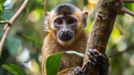 Obraz premium Squirrel monkey with a blurred sign in front of its face, clinging to a tree in a lush green environment