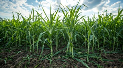 Close-up of lush sugarcane plants in a field, highlighting the thick green stalks ready for harvest, symbolizing bioethanol production and sustainability