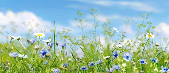 The beauty of chamomile flowers in a field and wild peas in a field against a backdrop of blue sky and clouds. A collection of splendid pastoral and airy artistic images.