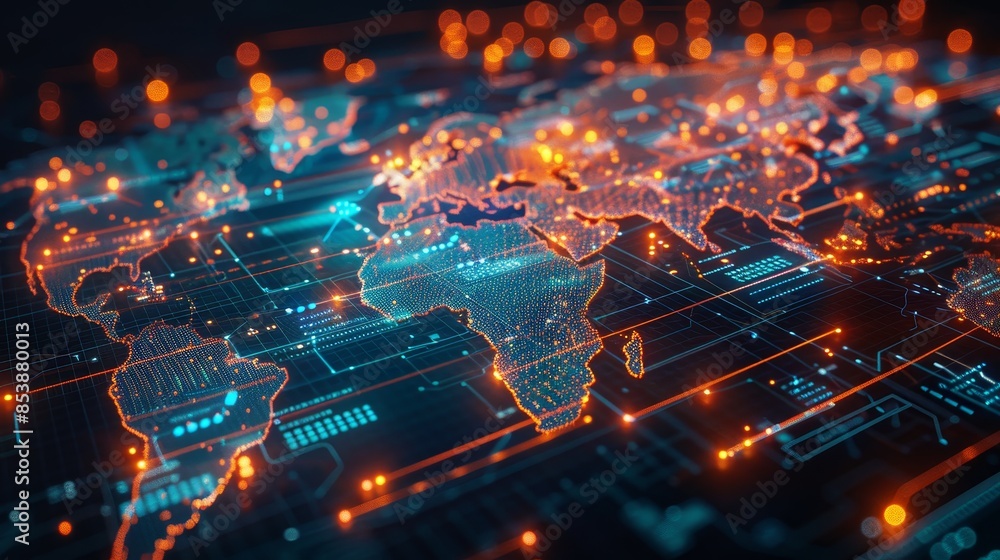 Poster global connectivity: a 3d vector illustration of a world map with lines connecting cities and contin