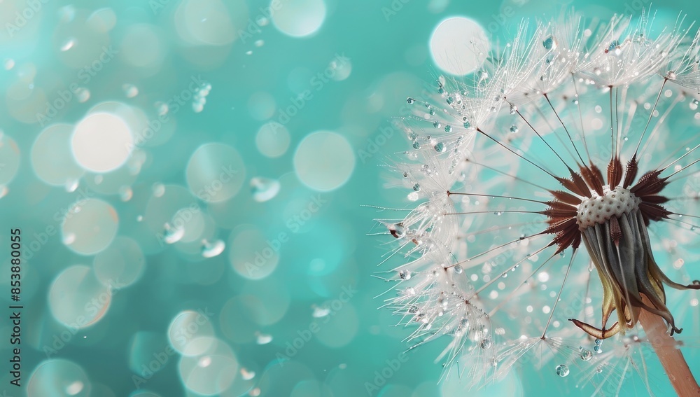 Poster dew drop on dandelion seed. close-up macro. sparkling bokeh. dark green backgrounds.