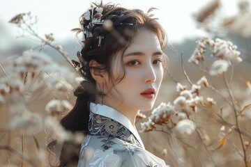 Witness the fusion of traditional Korean hanbok fashion with futuristic elements, creating a bold new aesthetic that pushes boundaries and sparks imagination, showcasing a harmonious blend of heritage