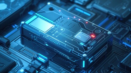 Close-up of a futuristic high-tech microchip on a circuit board, glowing with blue and red lights, showcasing advanced technology.
