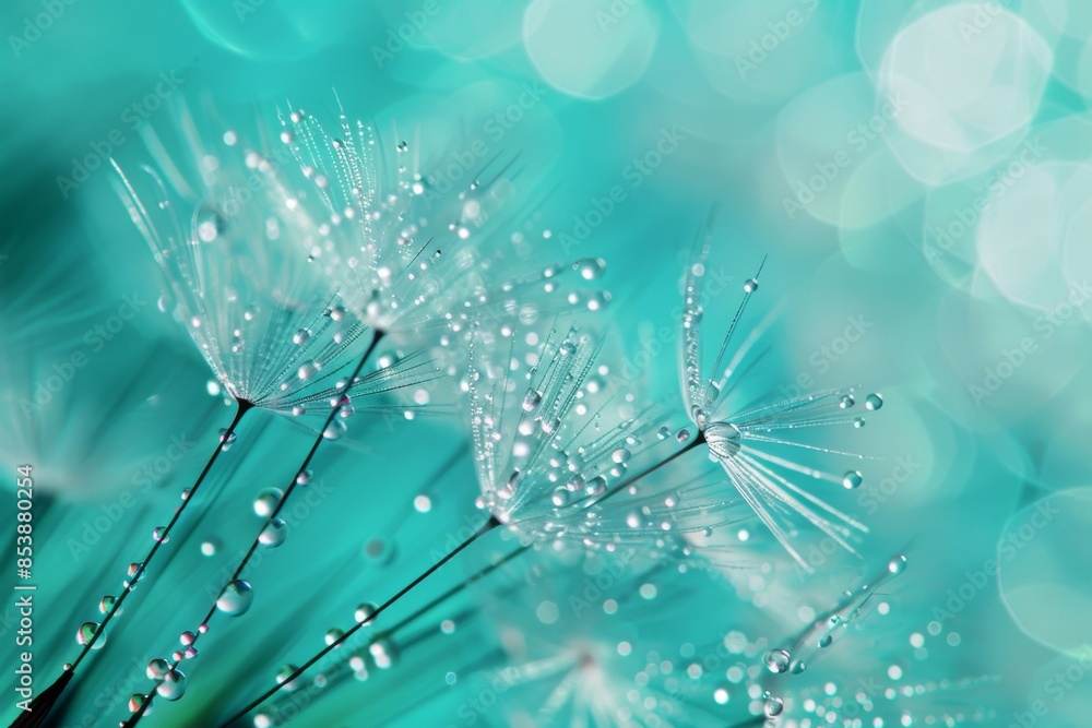 Poster nature macro of dandelion seeds in water droplets on blue and turquoise background with soft focus. 